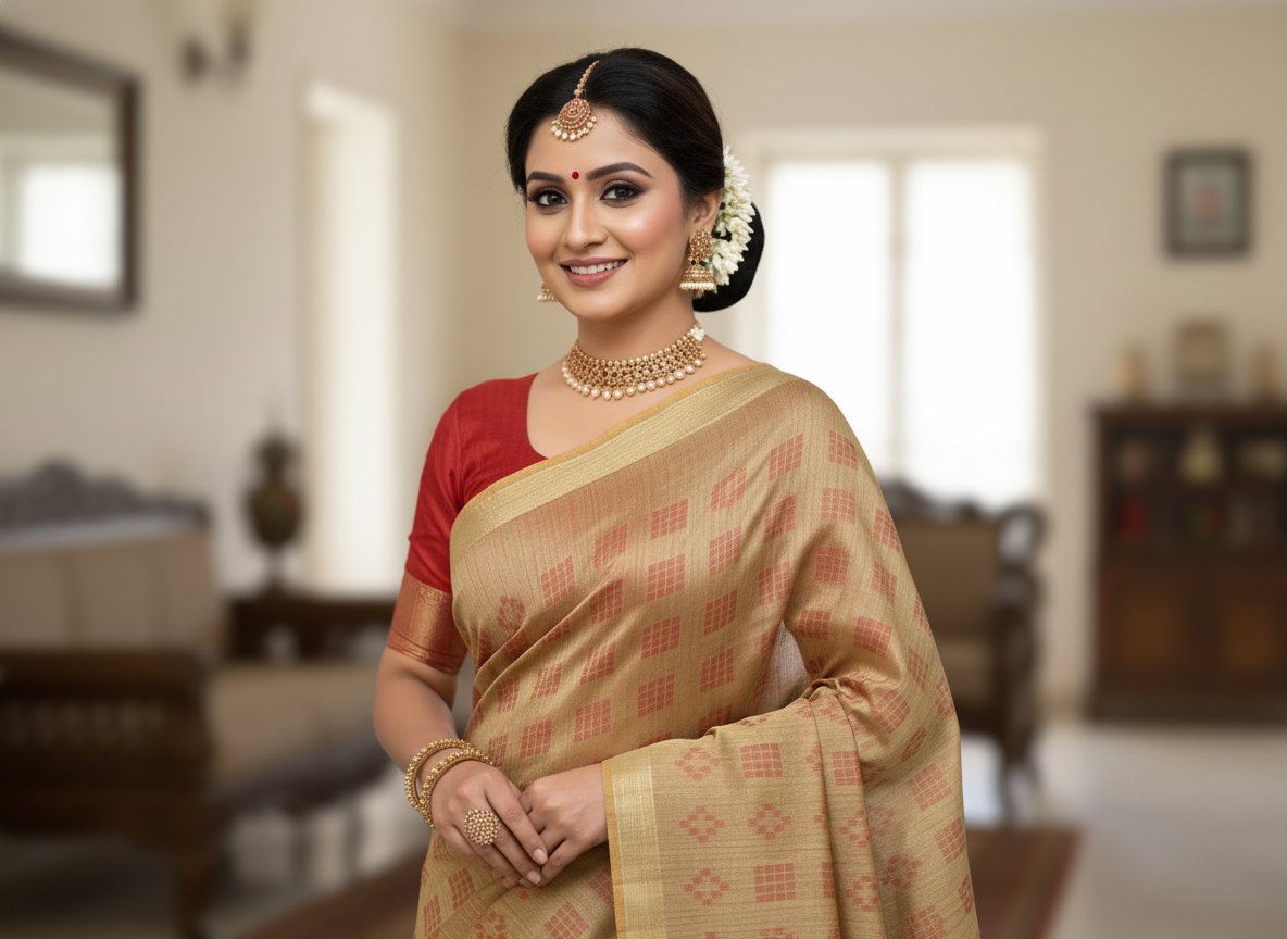 Soft Beige Handloom Saree with Red Motifs
