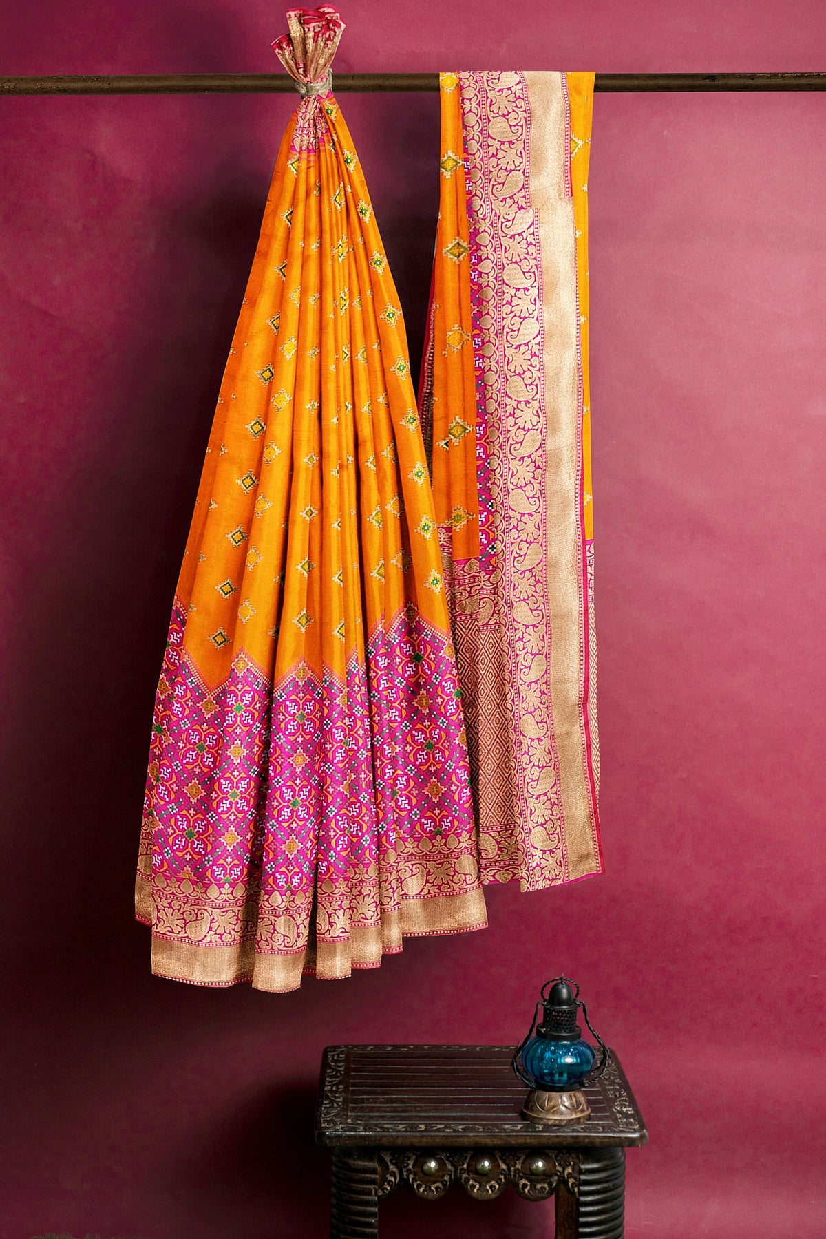 Orange Pink Patola Skirt Banarasi Silk Saree