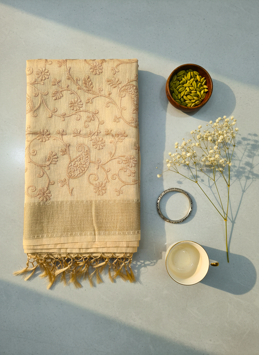Beige Embroidered Silk Linen Saree