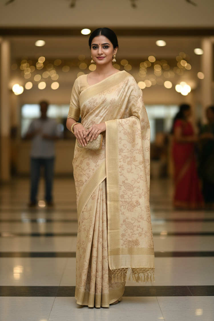 Beige Embroidered Silk Linen Saree