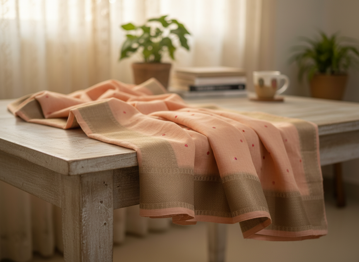Peach Embroidered Silk Linen Saree