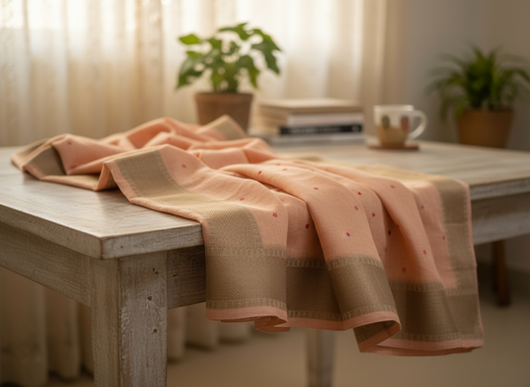 Peach Embroidered Silk Linen Saree