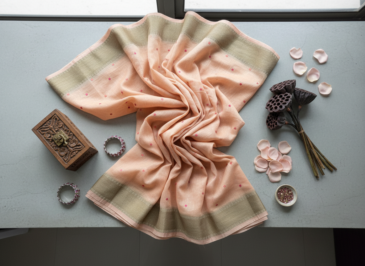 Peach Embroidered Silk Linen Saree