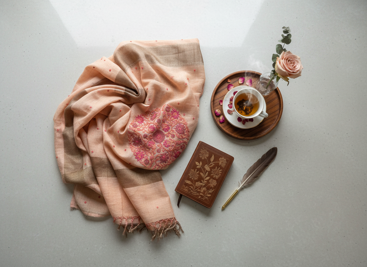 Peach Embroidered Silk Linen Saree
