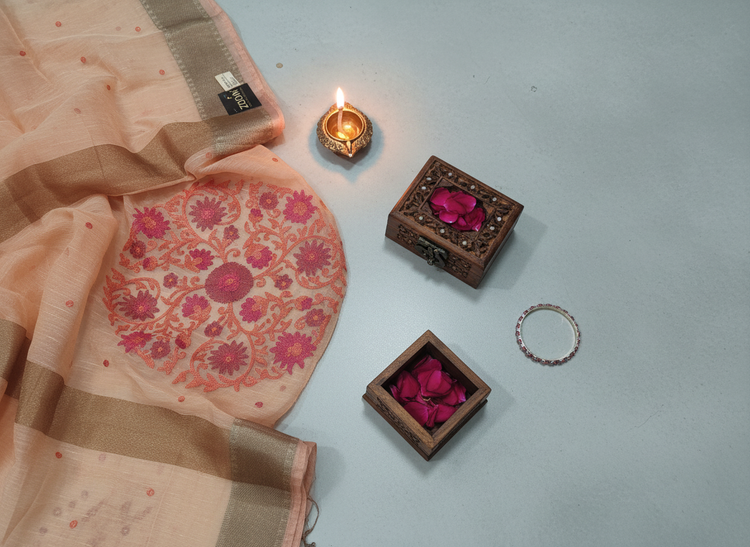 Peach Embroidered Silk Linen Saree
