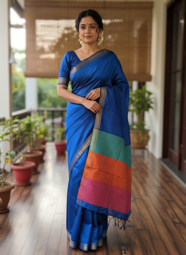 Royal Blue Silk Cotton Saree with Multicolour Pallu