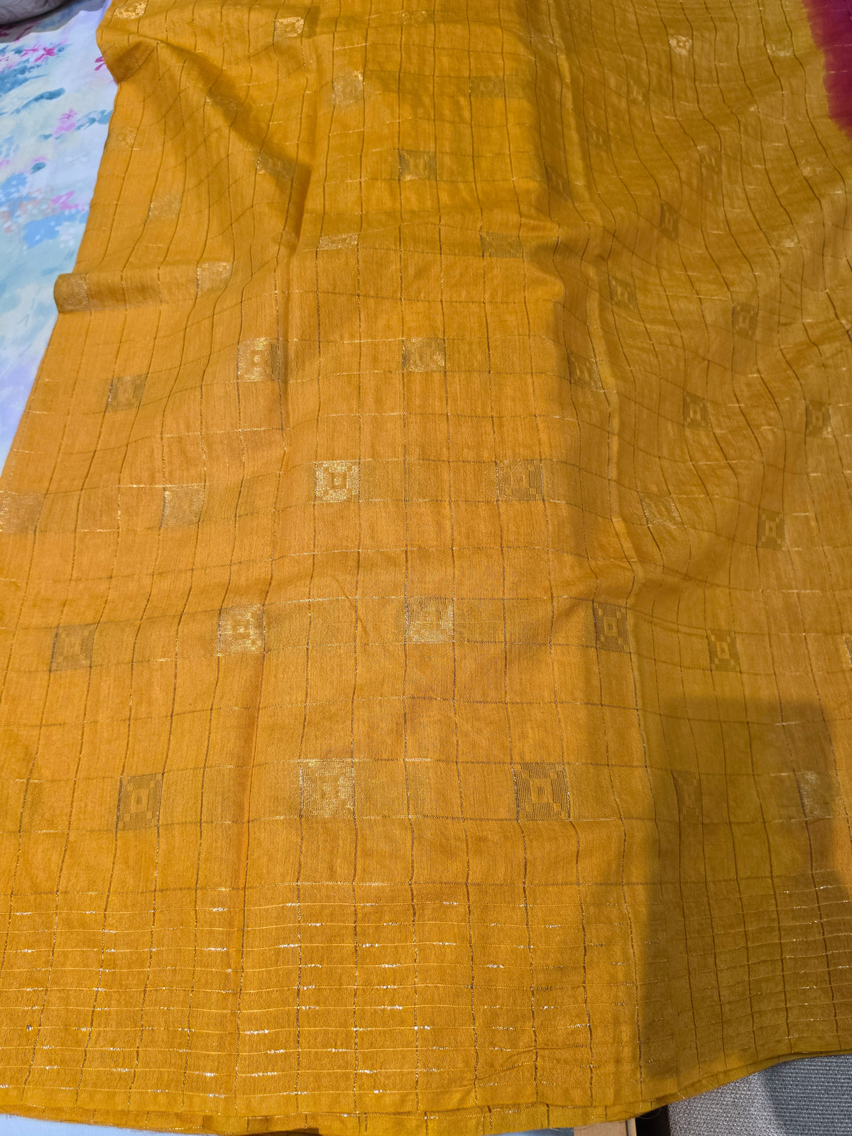 Mustard Yellow Checks Saree with Red Pallu