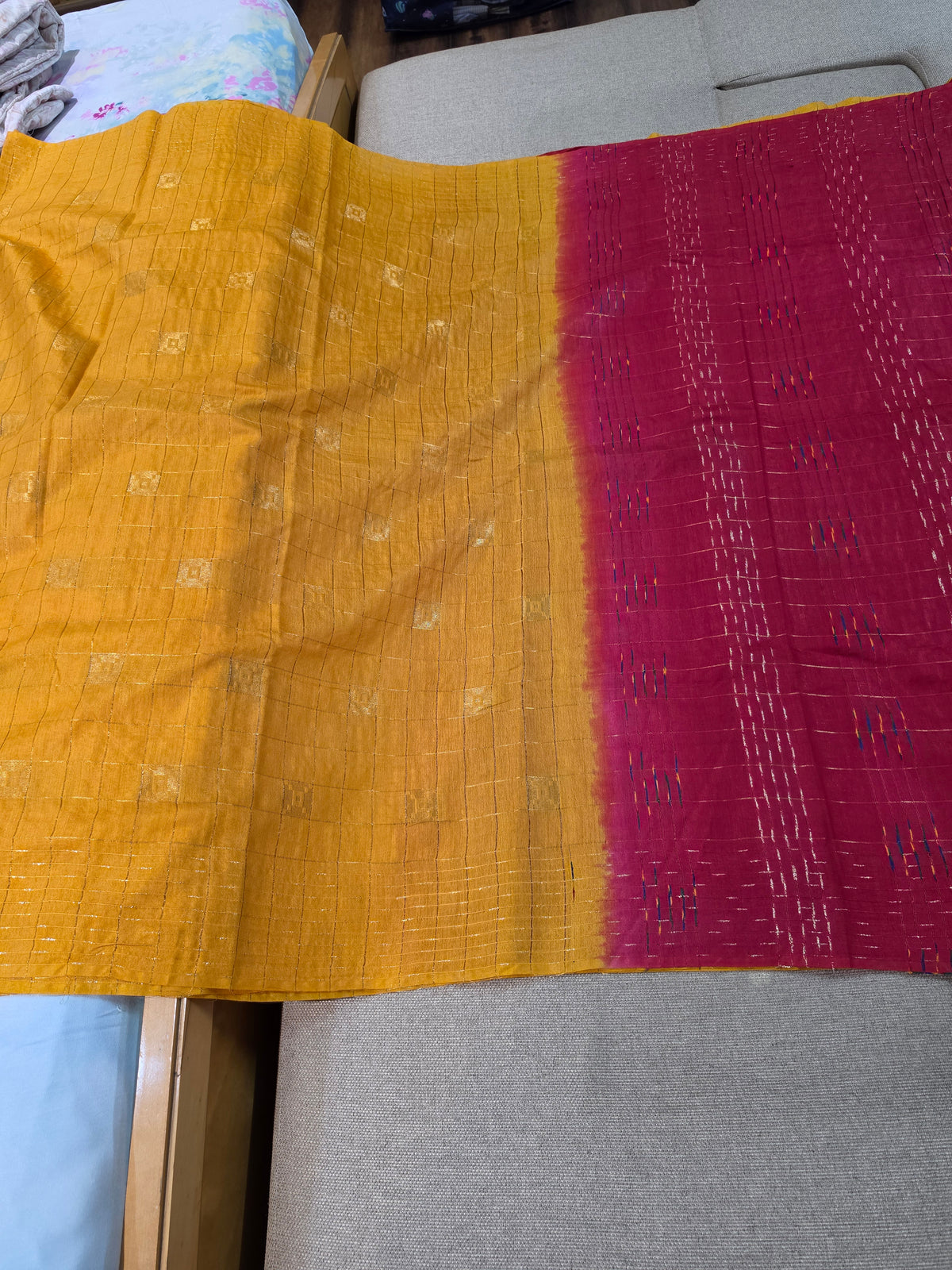 Mustard Yellow Checks Saree with Red Pallu