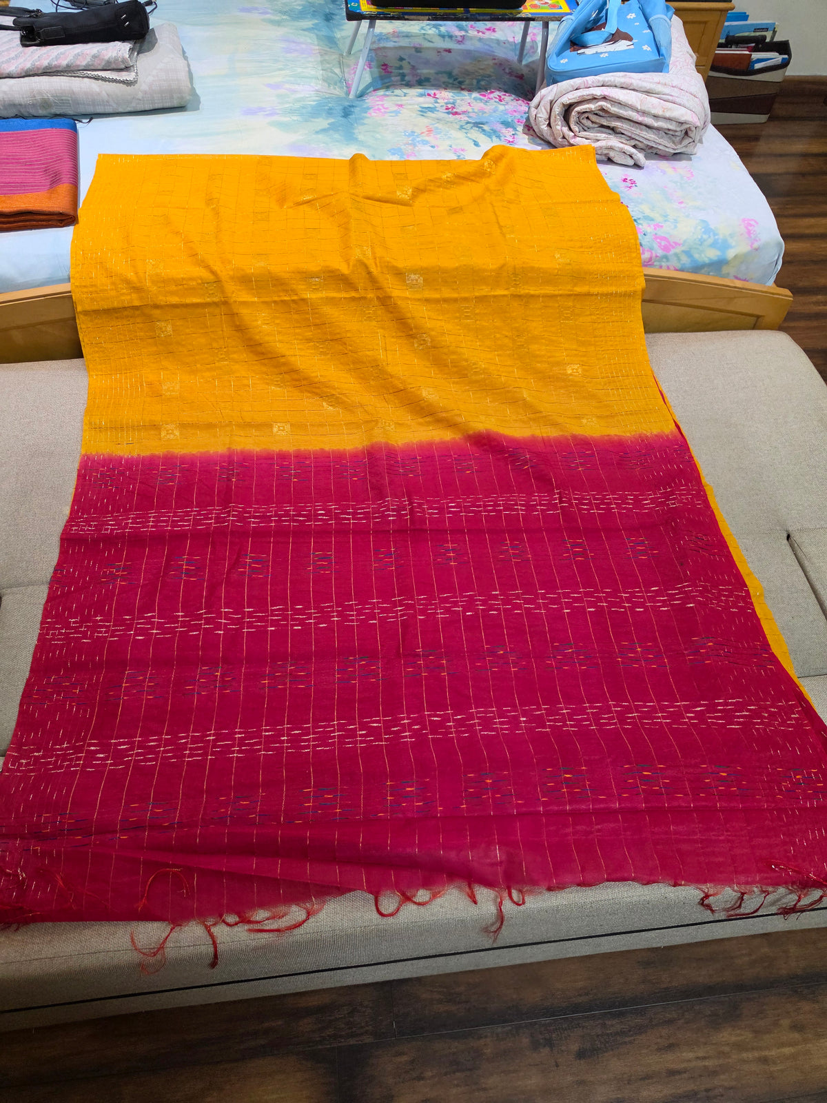 Mustard Yellow Checks Saree with Red Pallu