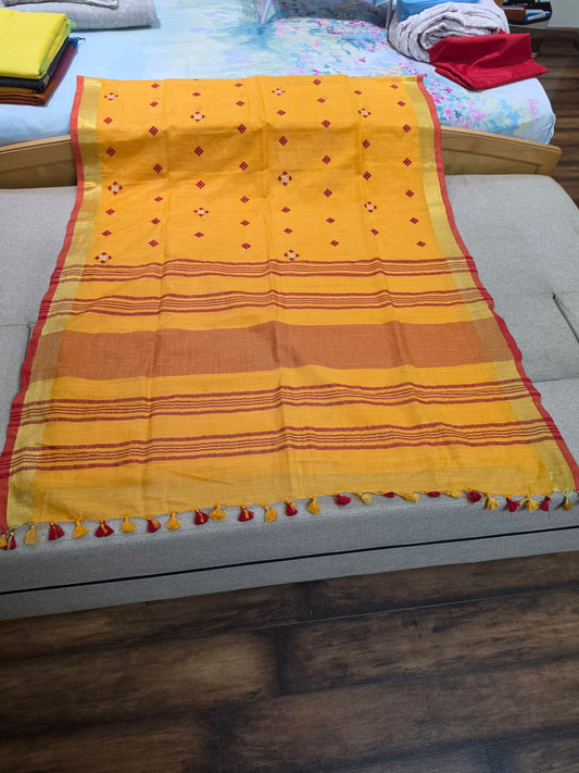Orangish Yellow Handloom Cotton Embroidered Saree