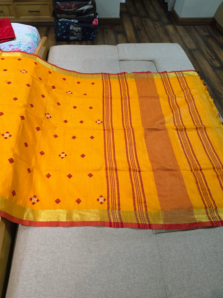 Orangish Yellow Handloom Cotton Embroidered Saree
