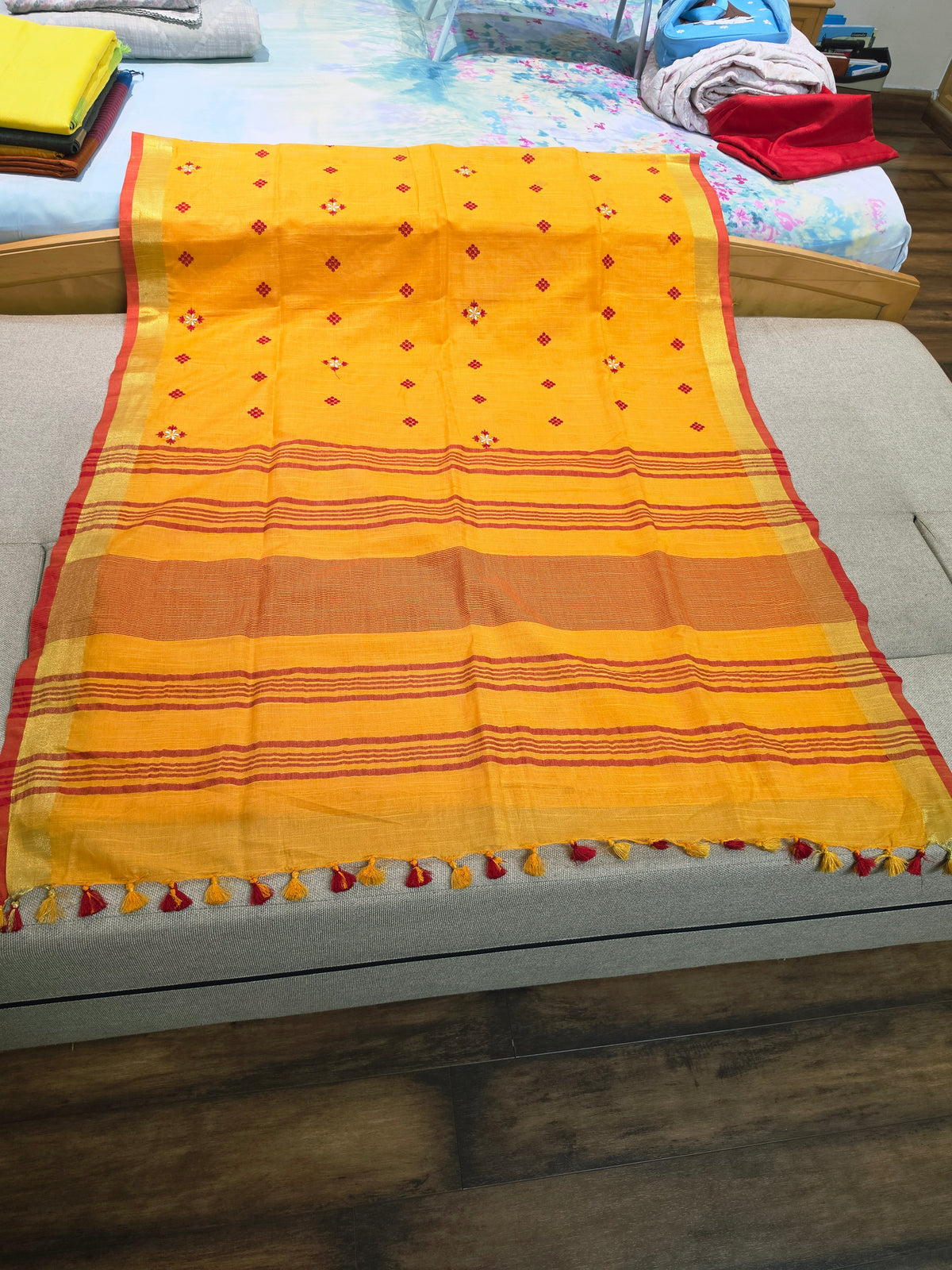 Orangish Yellow Handloom Cotton Embroidered Saree