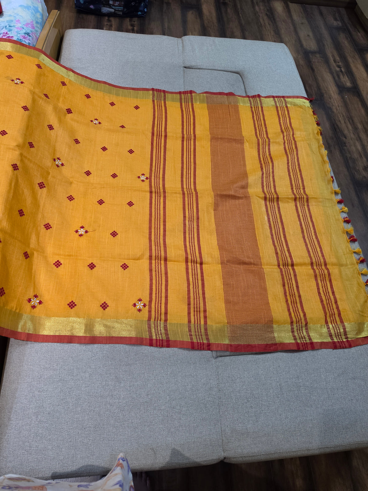 Orangish Yellow Handloom Cotton Embroidered Saree