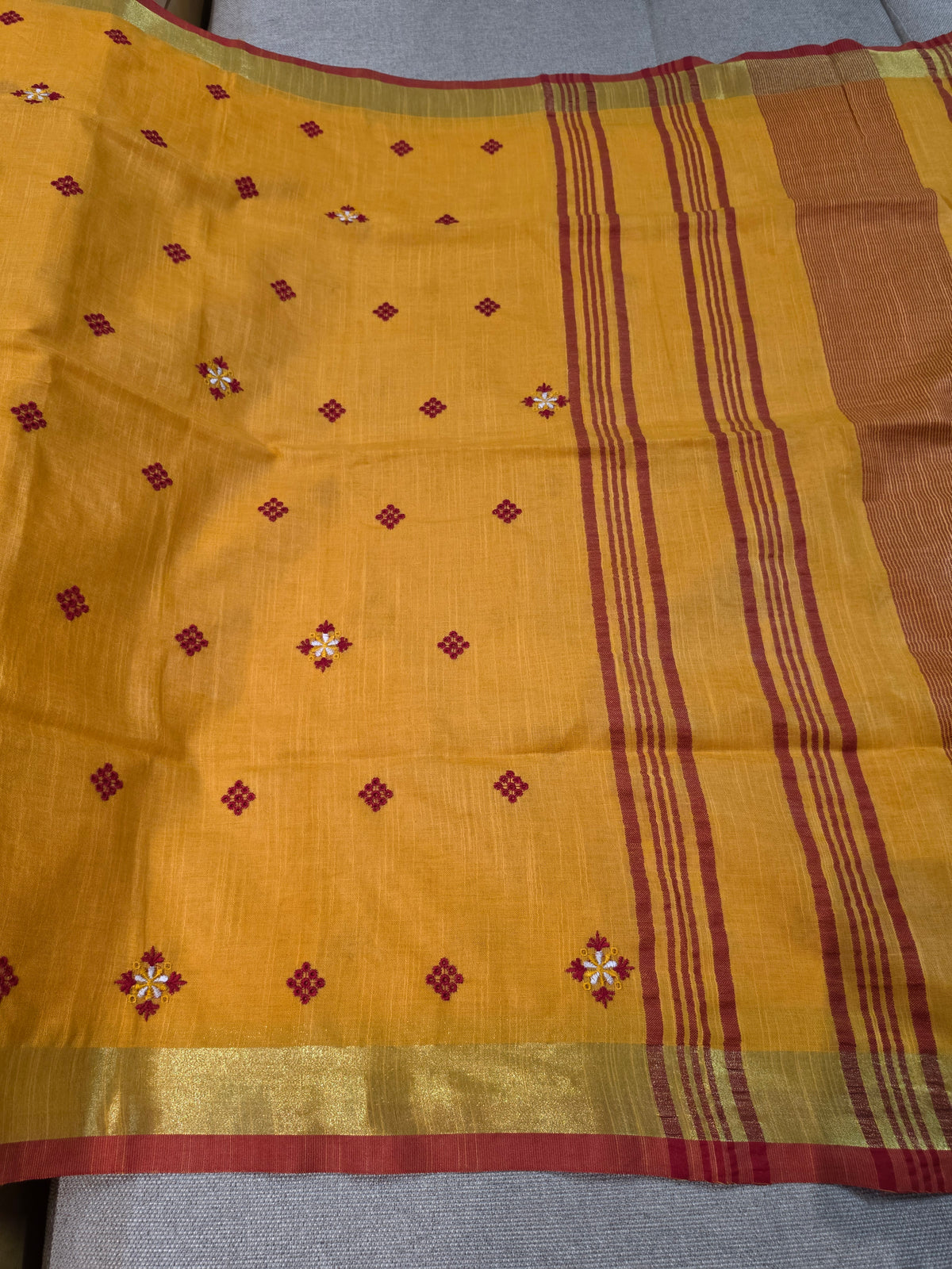 Orangish Yellow Handloom Cotton Embroidered Saree