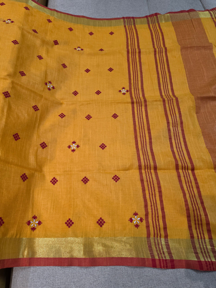 Orangish Yellow Handloom Cotton Embroidered Saree