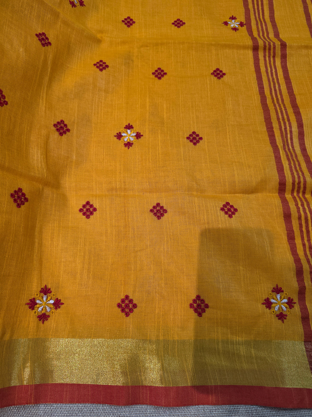Orangish Yellow Handloom Cotton Embroidered Saree
