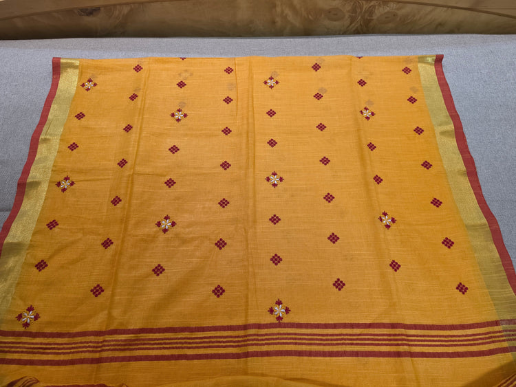 Orangish Yellow Handloom Cotton Embroidered Saree