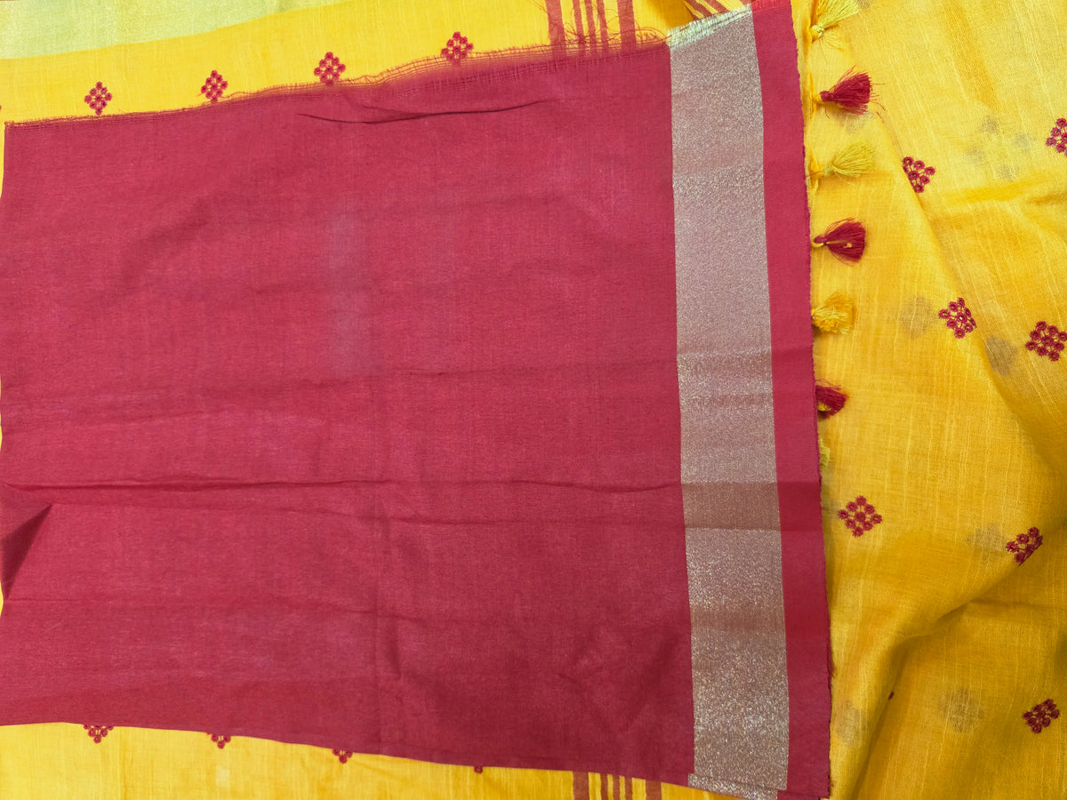 Orangish Yellow Handloom Cotton Embroidered Saree