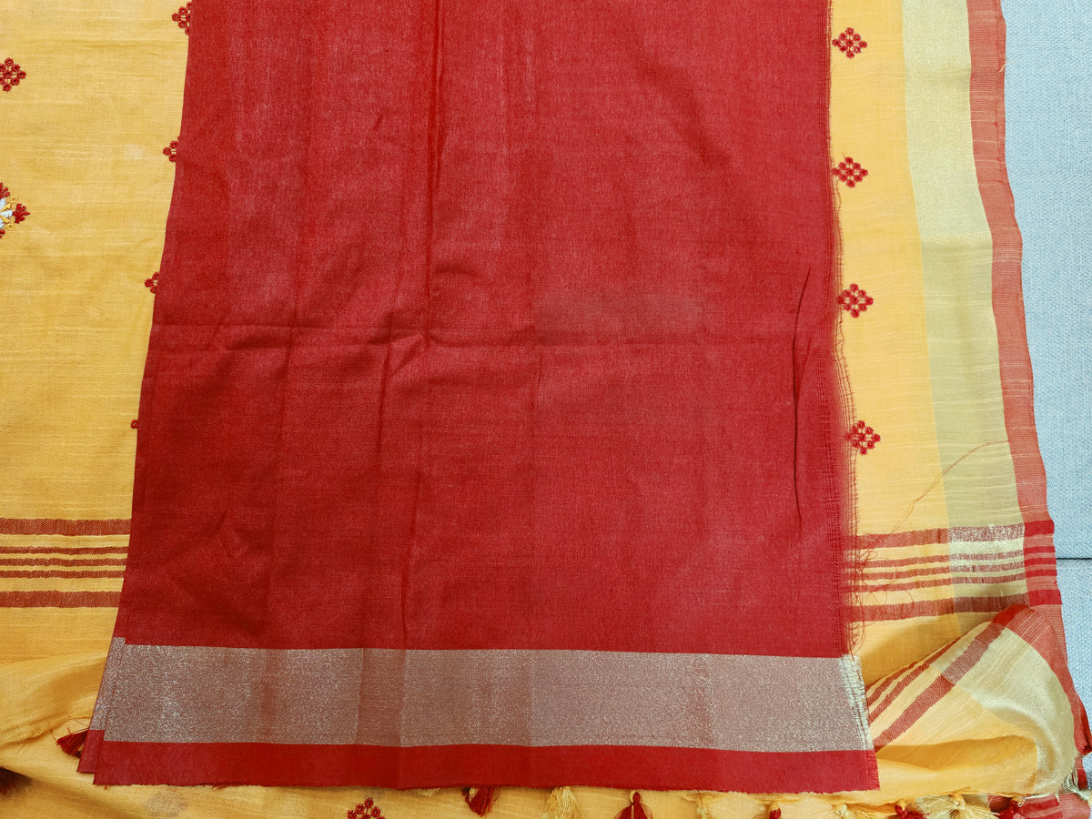 Orangish Yellow Handloom Cotton Embroidered Saree