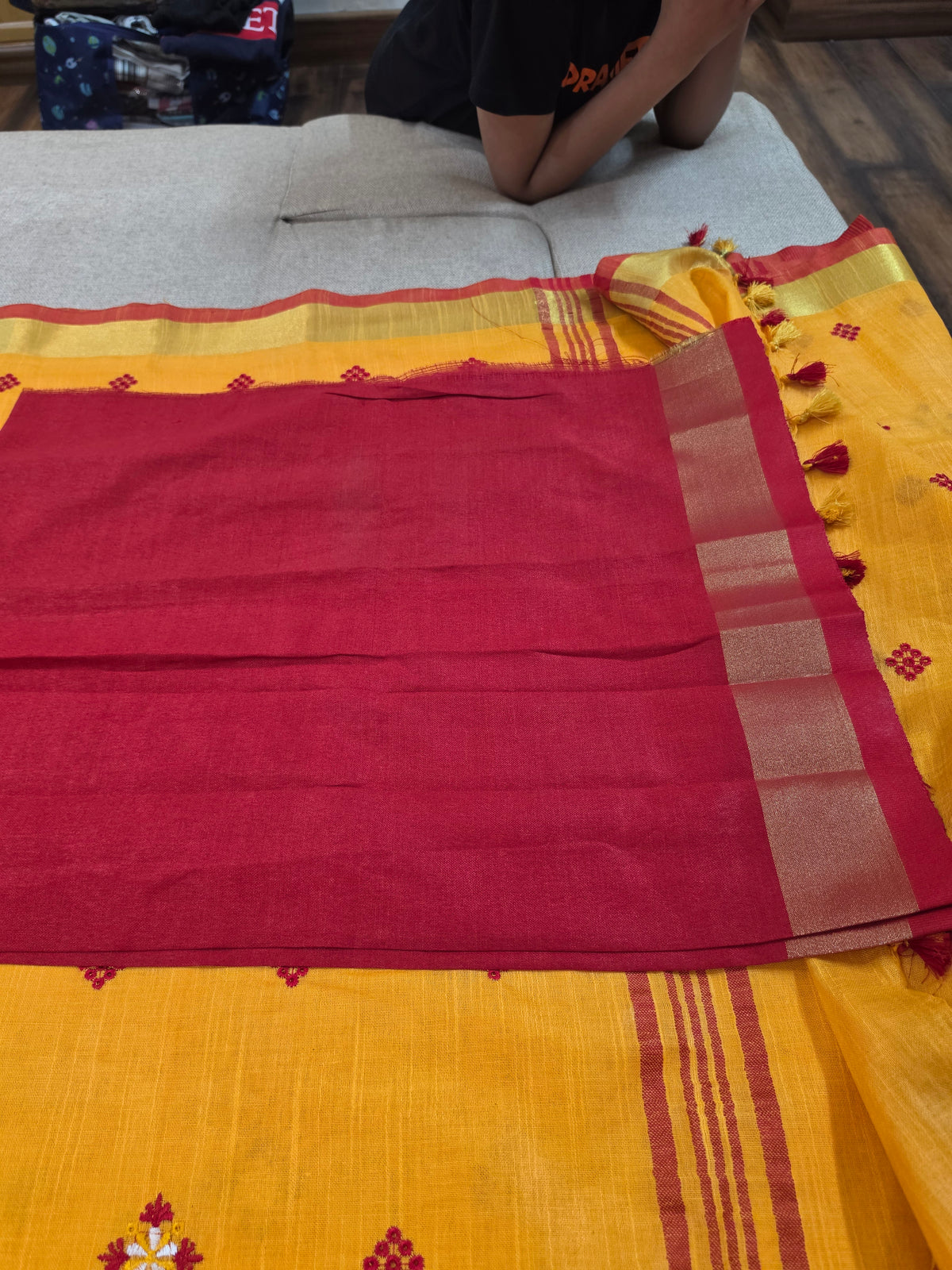 Orangish Yellow Handloom Cotton Embroidered Saree