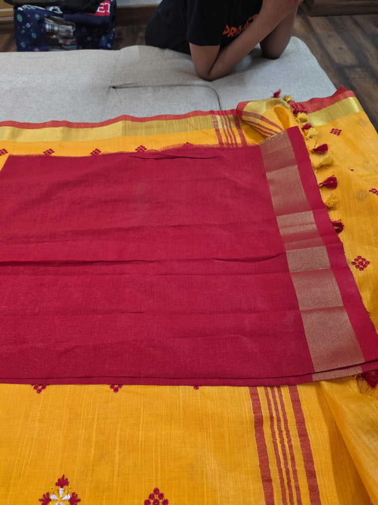 Orangish Yellow Handloom Cotton Embroidered Saree