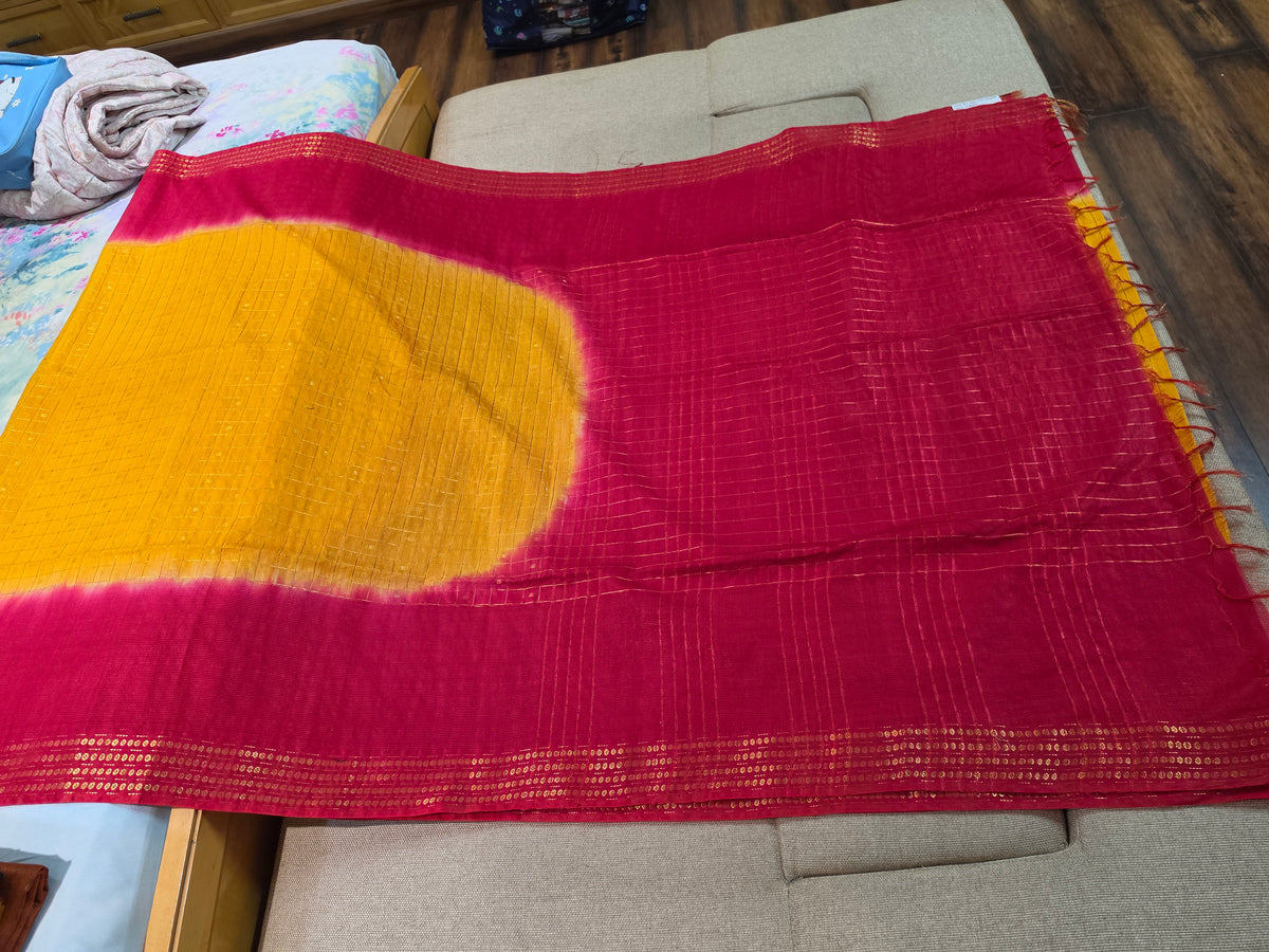 Yellow Checks Handloom Saree with Red Border
