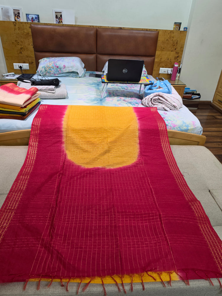 Yellow Checks Handloom Saree with Red Border