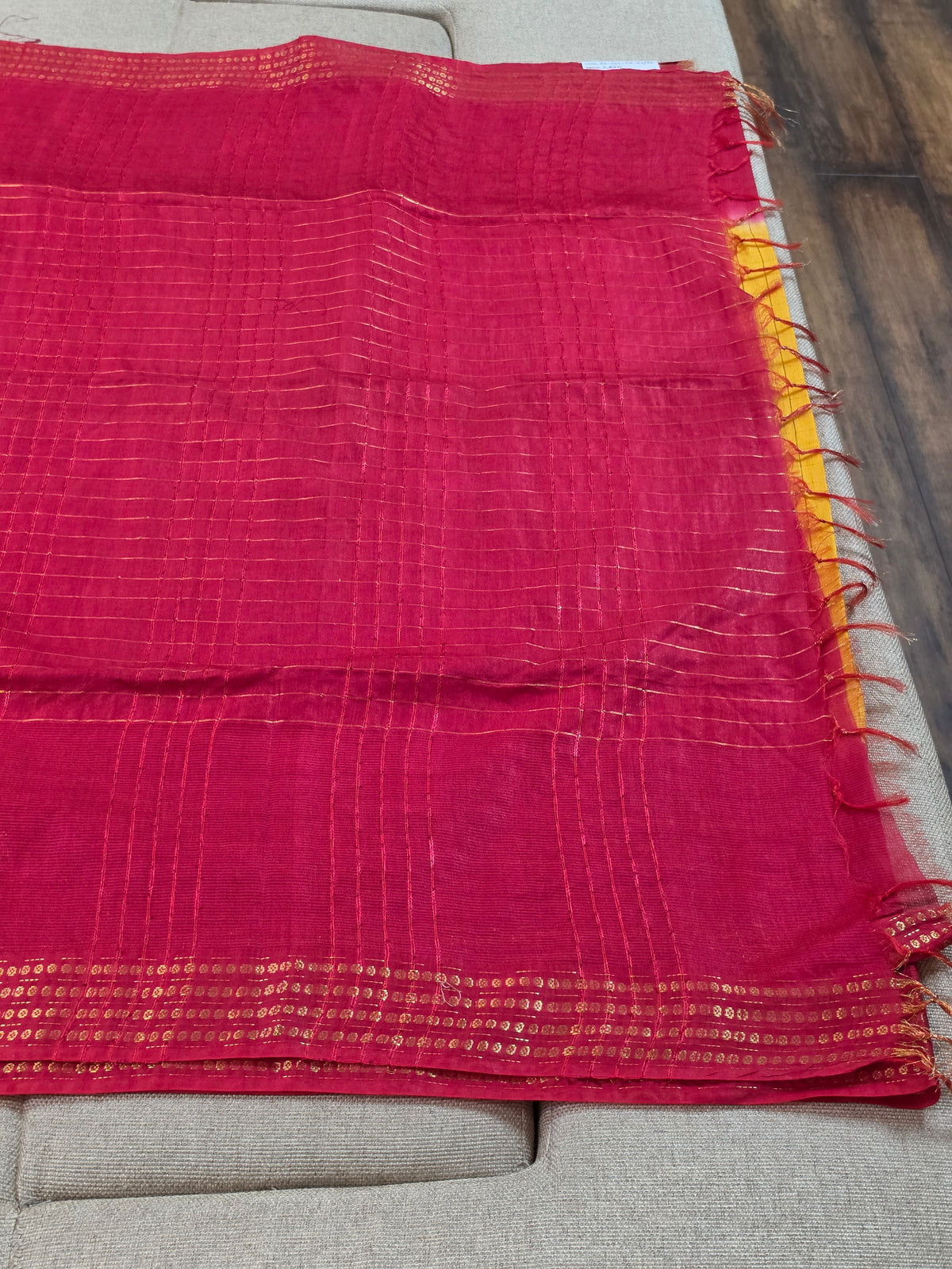 Yellow Checks Handloom Saree with Red Border