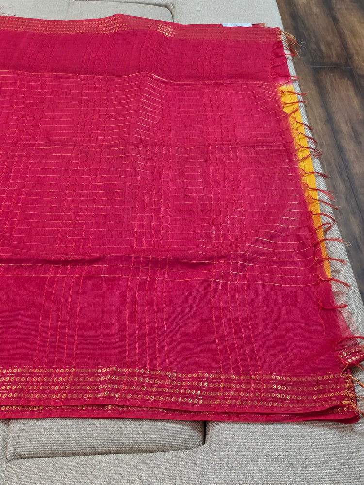 Yellow Checks Handloom Saree with Red Border