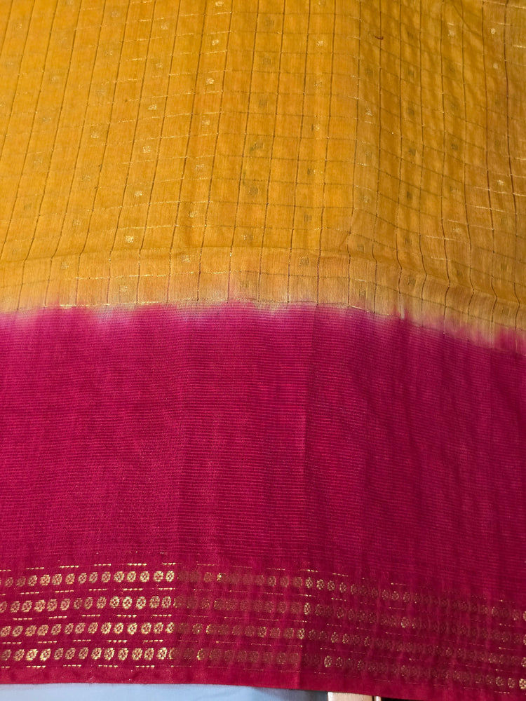 Yellow Checks Handloom Saree with Red Border