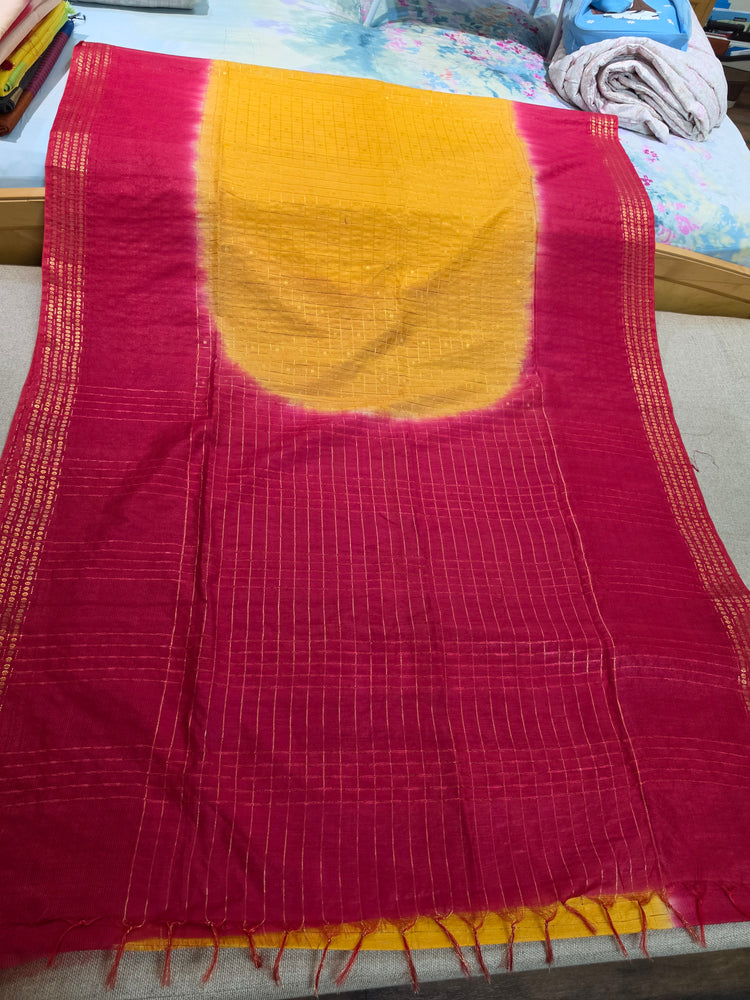 Yellow Checks Handloom Saree with Red Border
