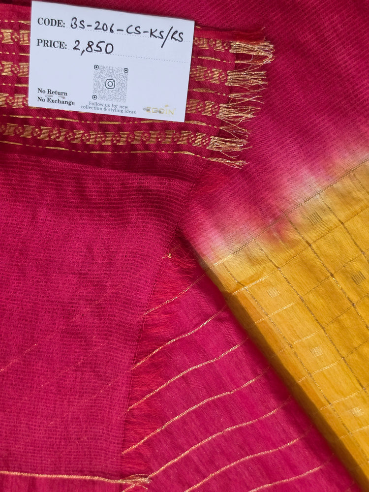 Yellow Checks Handloom Saree with Red Border