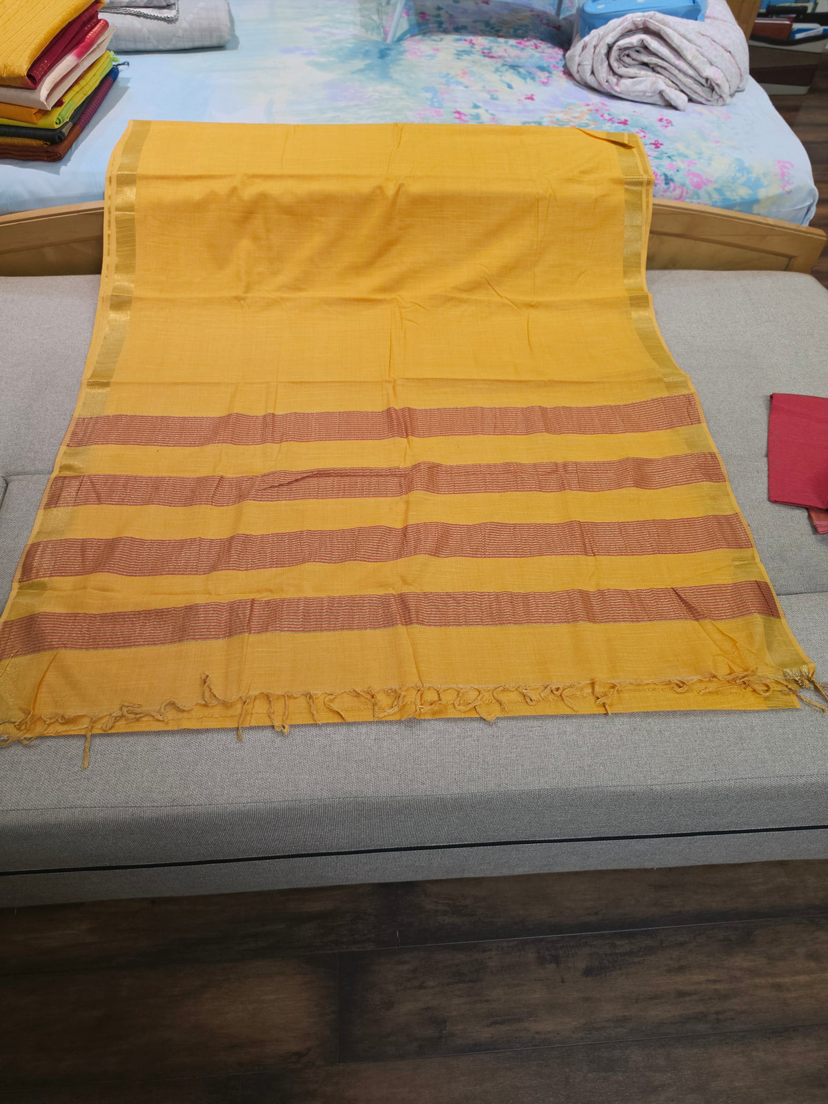 Mustard Yellow Plain Cotton Handloom Saree