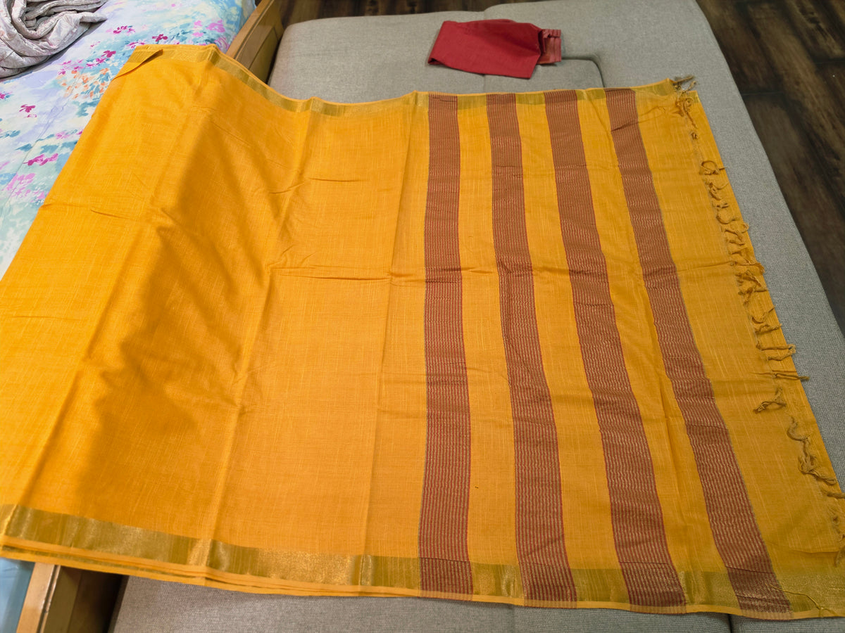 Mustard Yellow Plain Cotton Handloom Saree