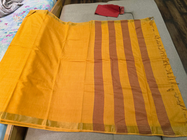 Mustard Yellow Plain Cotton Handloom Saree