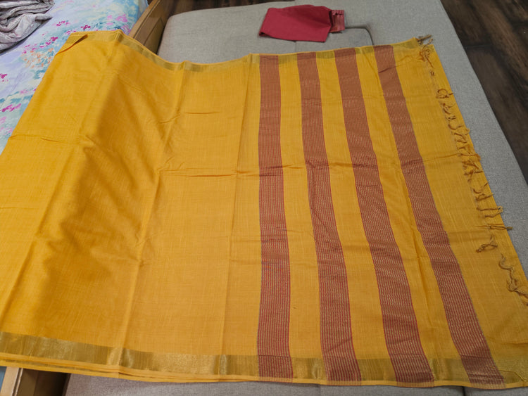 Mustard Yellow Plain Cotton Handloom Saree
