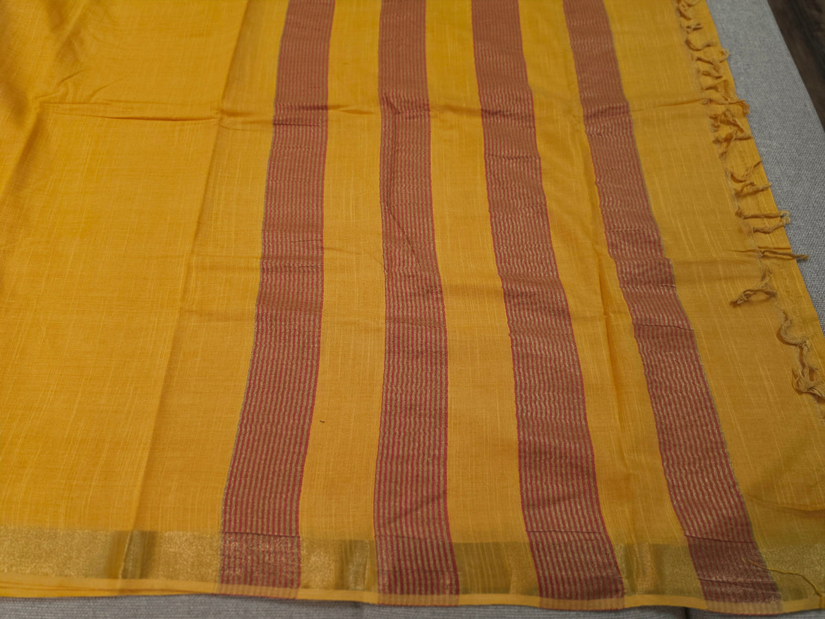 Mustard Yellow Plain Cotton Handloom Saree