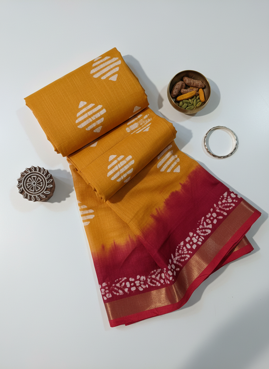 Yellow Red Hand Block Batik Pure Cotton Saree