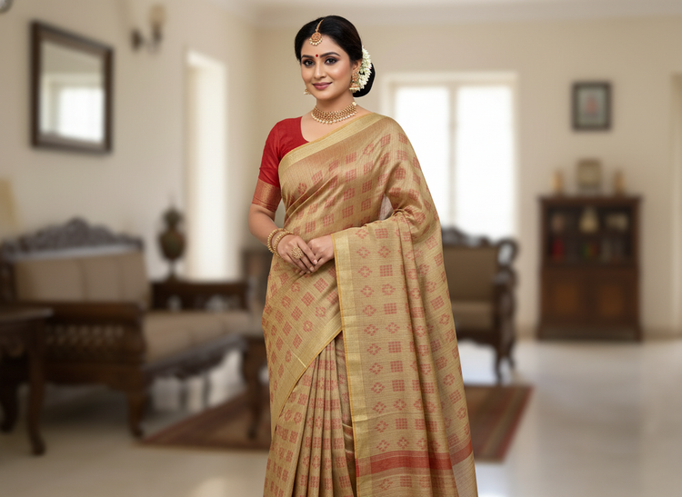 Soft Beige Handloom Saree with Red Motifs