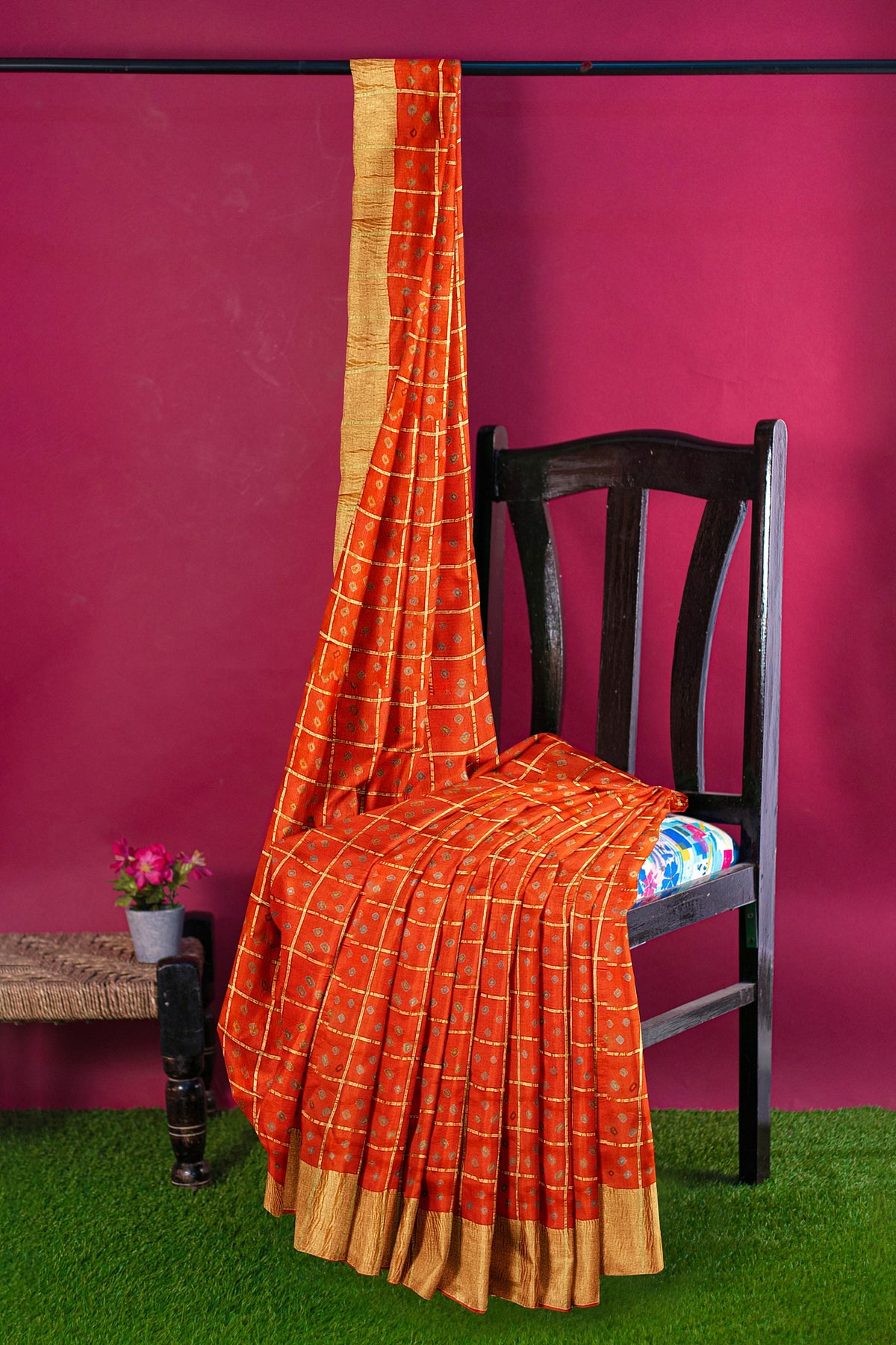 Brick Orange Bandhni Pure Dupion Silk Saree