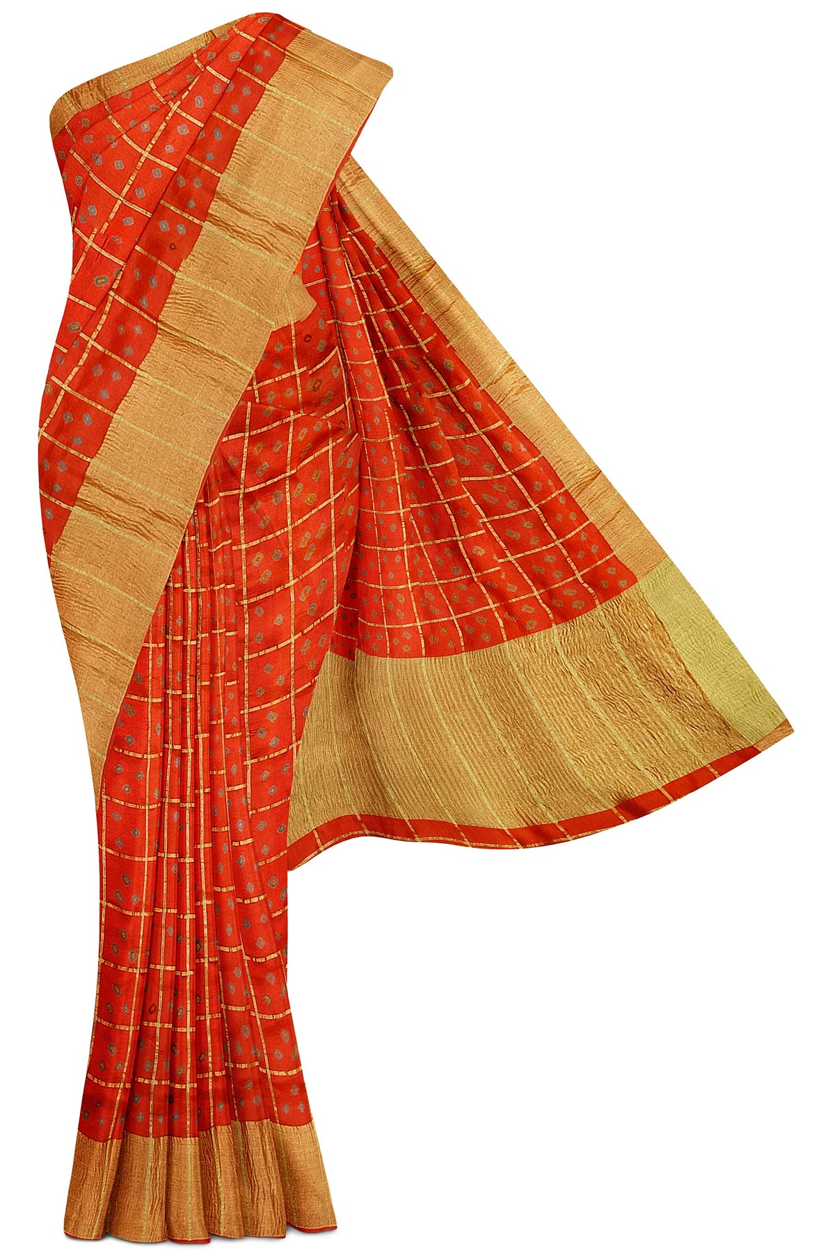 Brick Orange Bandhni Pure Dupion Silk Saree