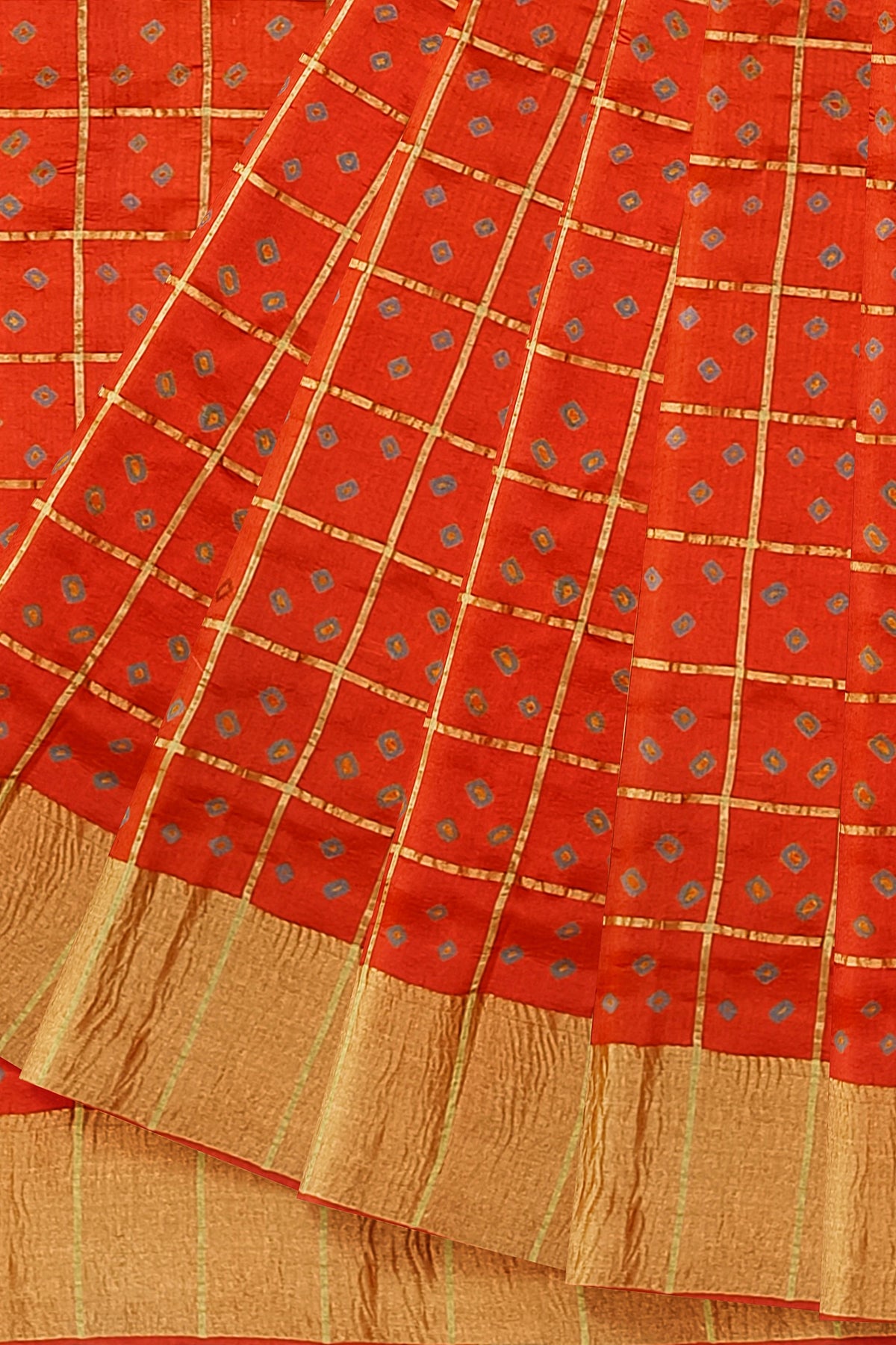 Brick Orange Bandhni Pure Dupion Silk Saree