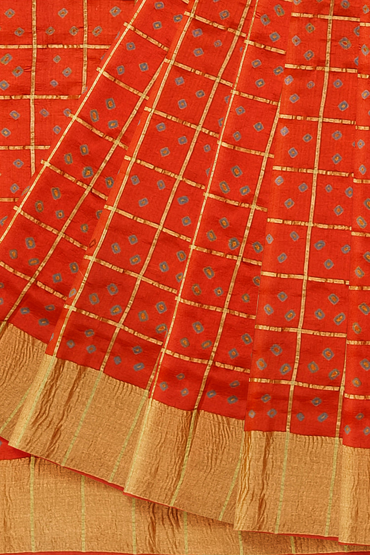 Brick Orange Bandhni Pure Dupion Silk Saree