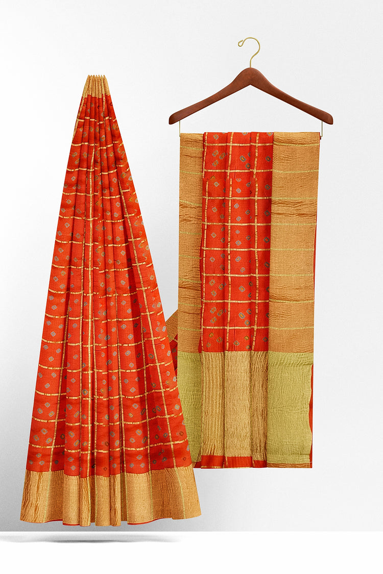 Brick Orange Bandhni Pure Dupion Silk Saree