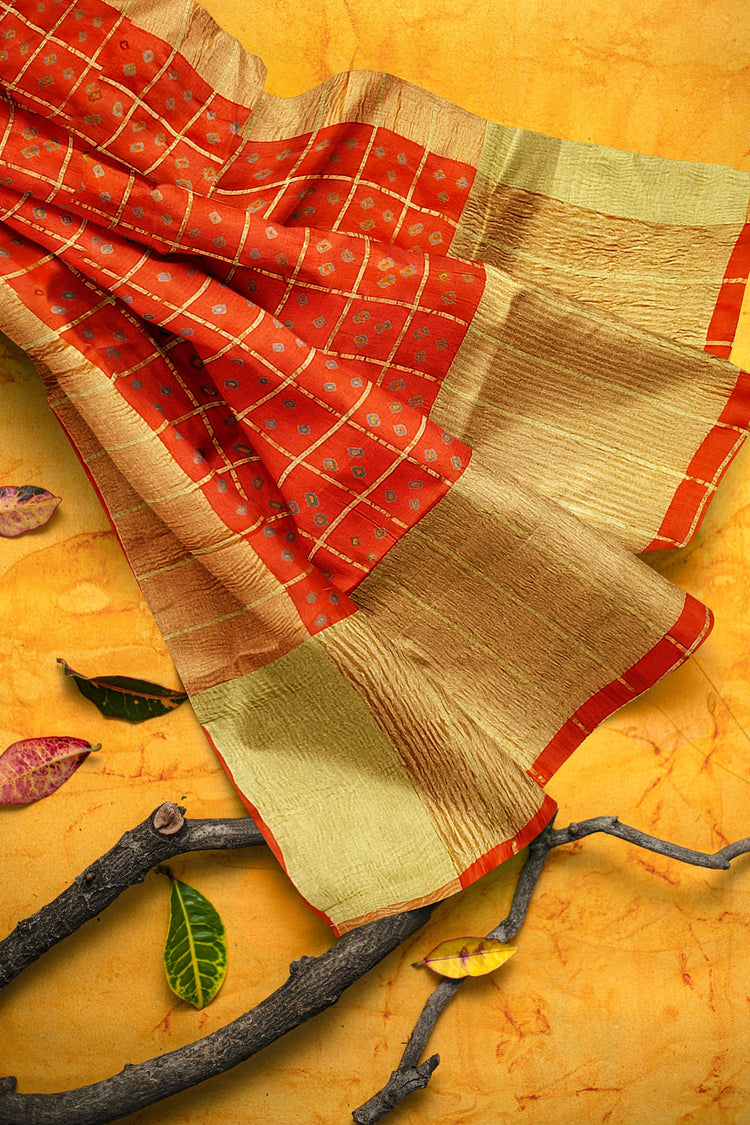 Brick Orange Bandhni Pure Dupion Silk Saree