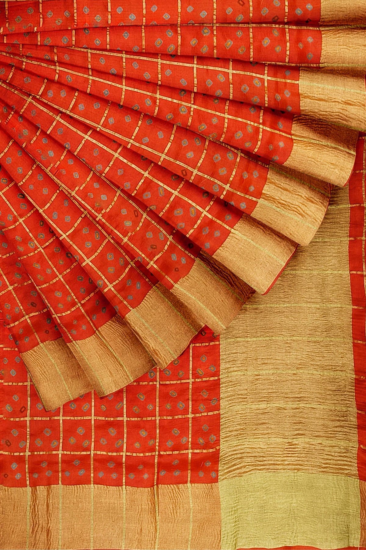 Brick Orange Bandhni Pure Dupion Silk Saree