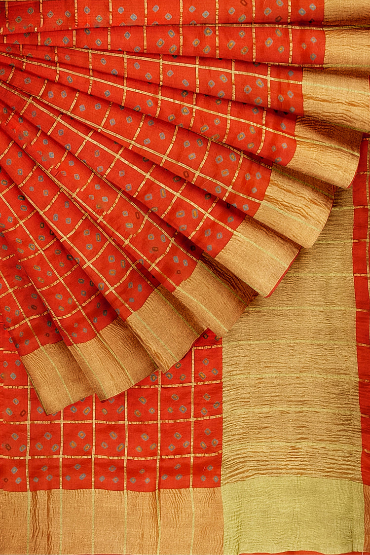 Brick Orange Bandhni Pure Dupion Silk Saree