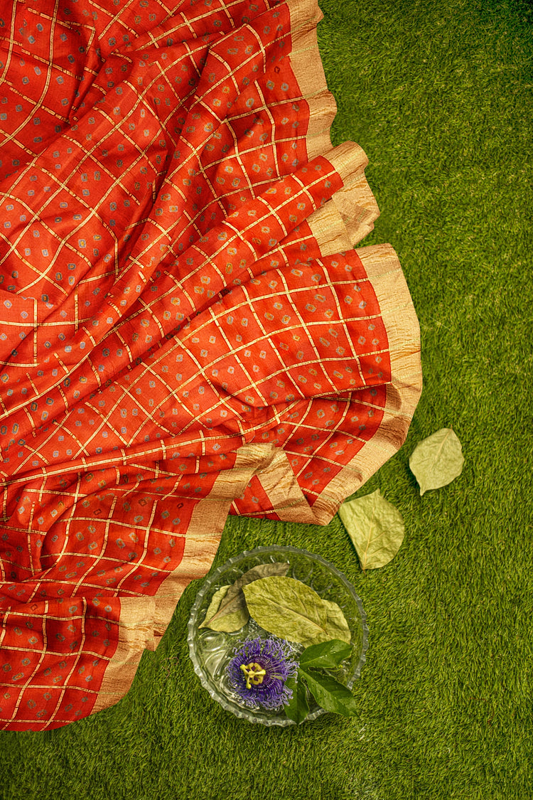 Brick Orange Bandhni Pure Dupion Silk Saree