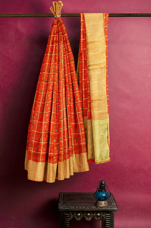 Brick Orange Bandhni Pure Dupion Silk Saree