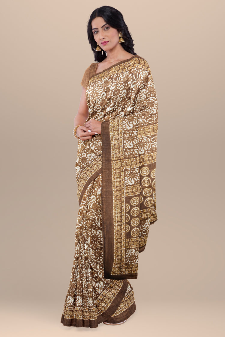 Earthy Brown Everyday Silk Saree with Handcrafted Print
